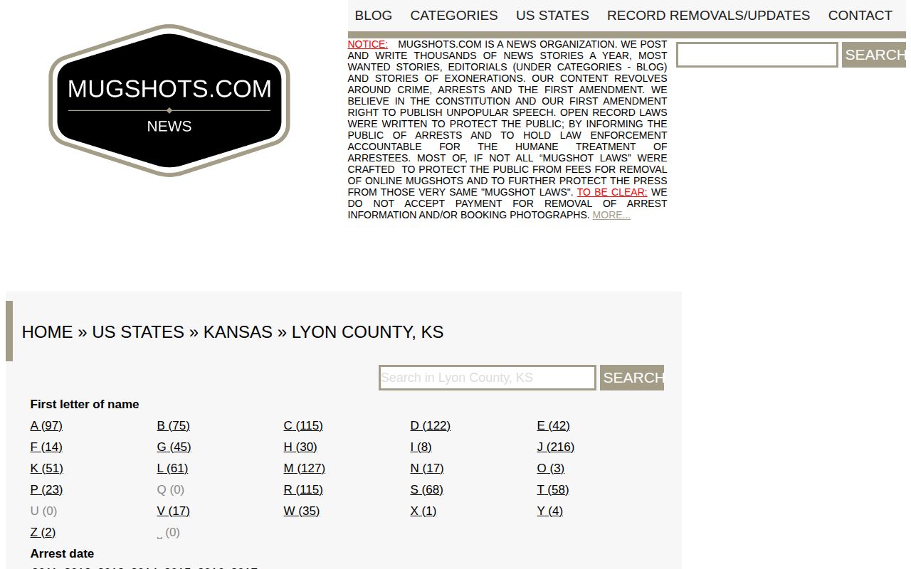 Unofficial historical Lyon County mugshot archive landing page