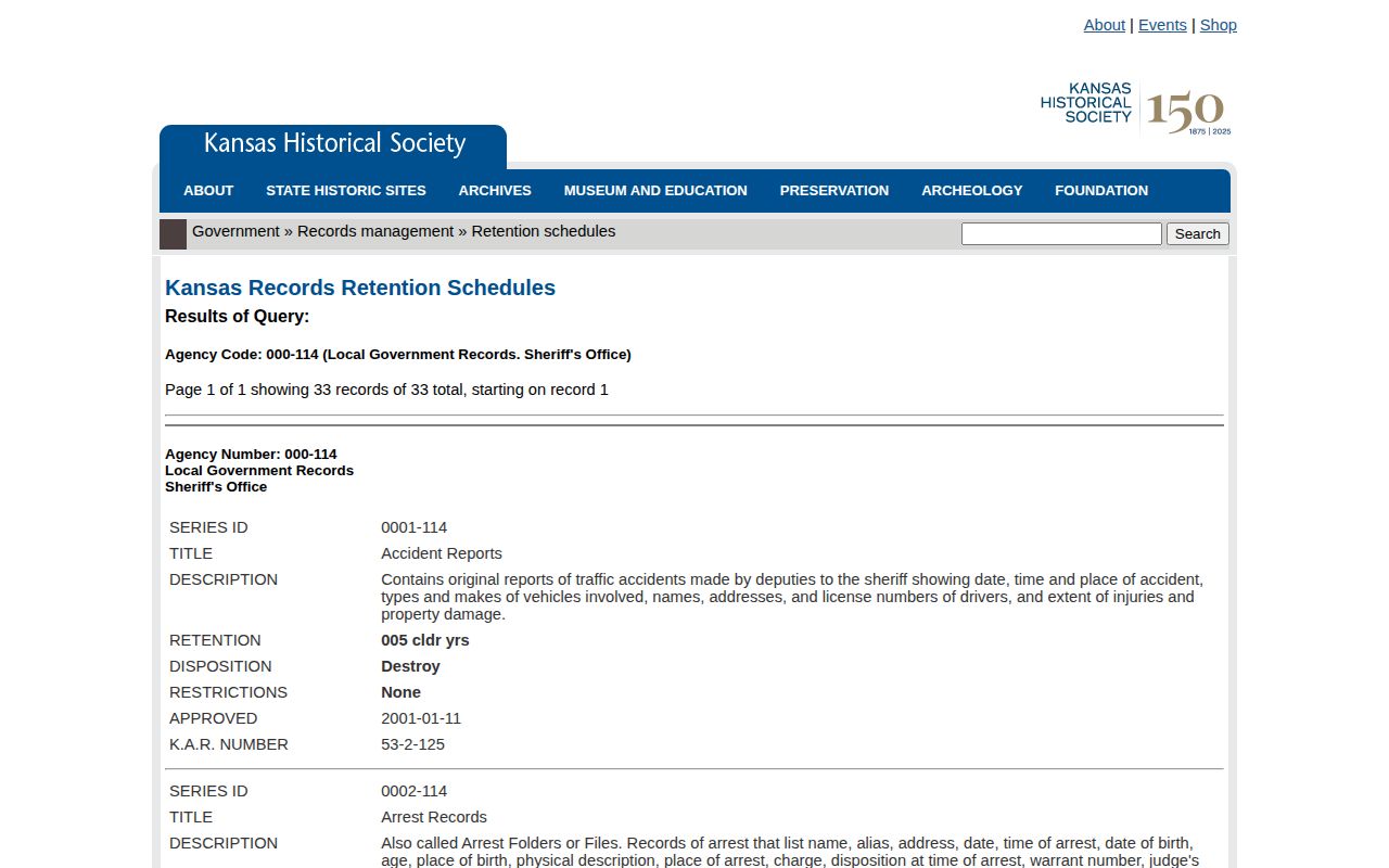 Kansas retention schedule for Lyon County arrest and mugshot records